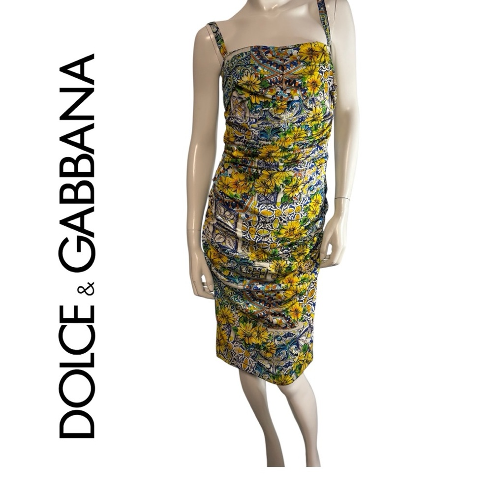 Dolce & Gabbana Majolica Print Silk Ruched Dress fits US 12 See description